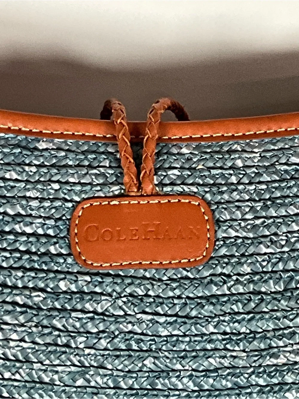 Cole Haan Blue/Gray Woven Straw Raffia Shoulder Bag with Brown Trim